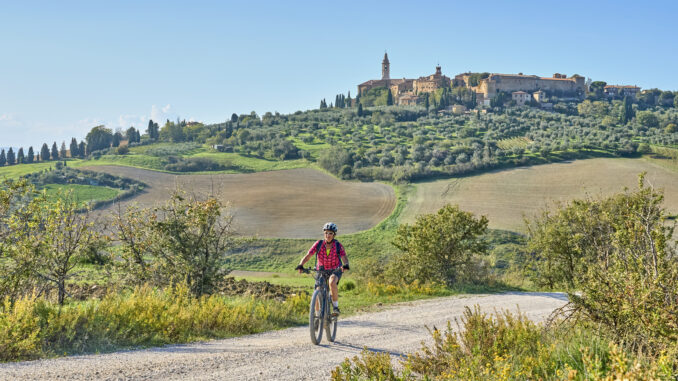 oam riduíng electric mountain bike in Tuscany, Italy Getty